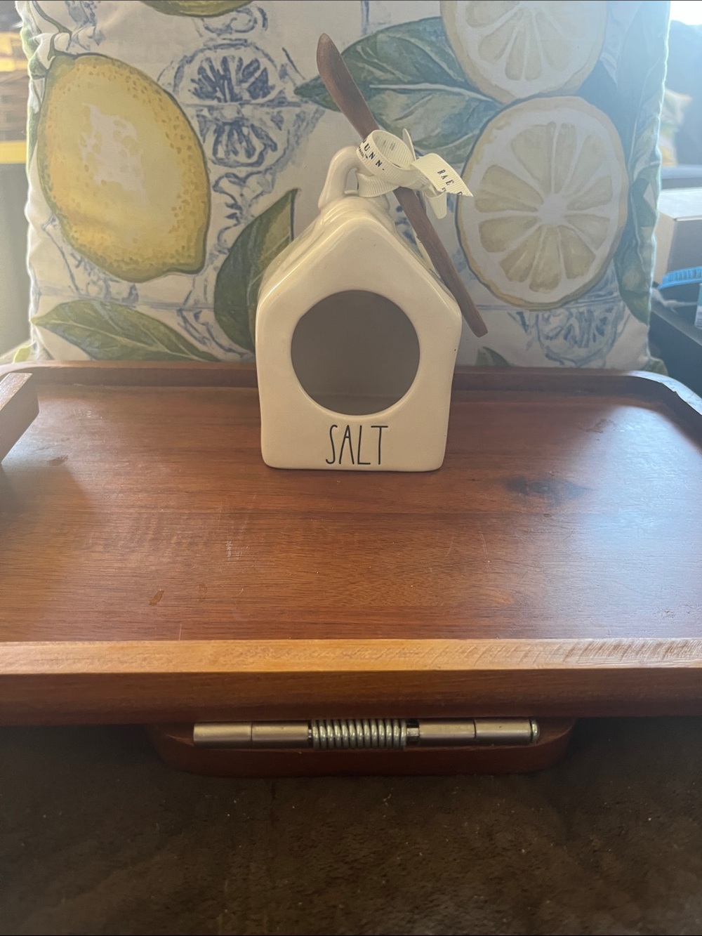 The Rae Dunn Farmhouse Salt Pig With Wooden Spoon
